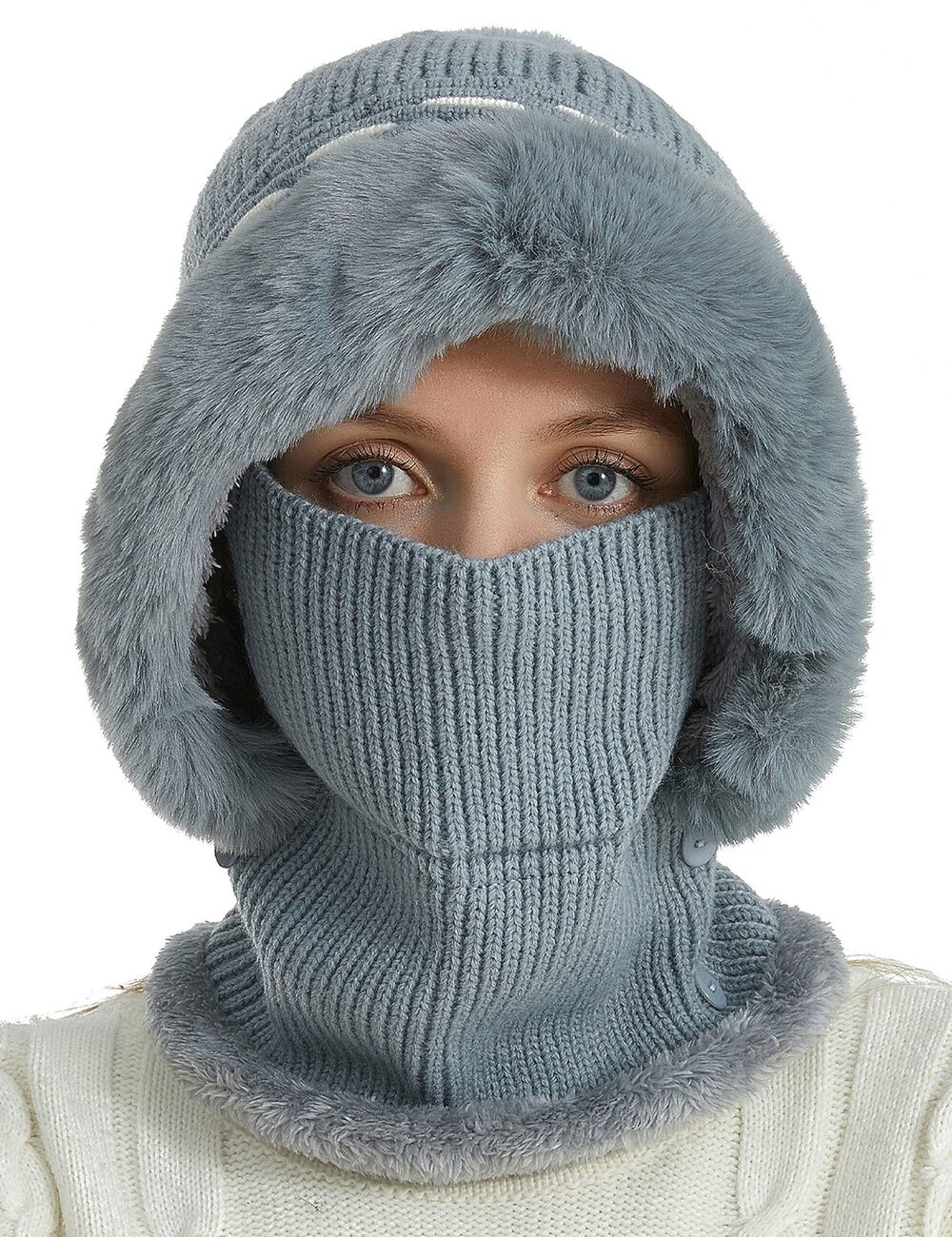 5973 One Piece Slouchy Fleece Beanie Hats Scarf Mask Warm Winter Knitted
